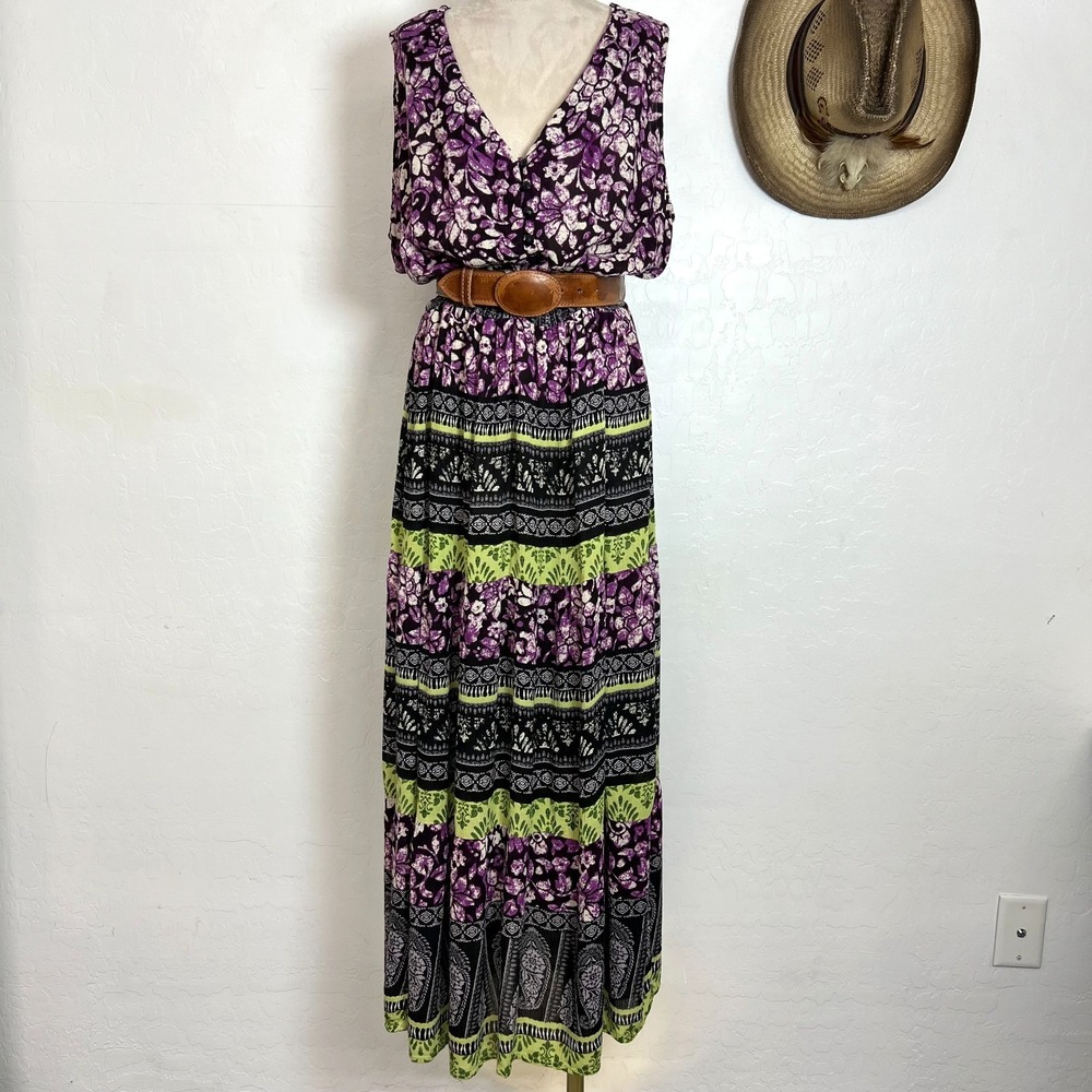 NY Collection Purple Floral Rayon Tiered Maxi Dress Smocked Waist Boho 2X